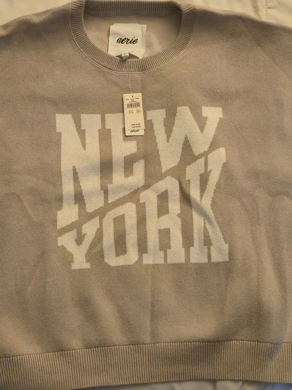 aerie Crewneck Sweater in Gray with White 'NEW YORK' Graphic